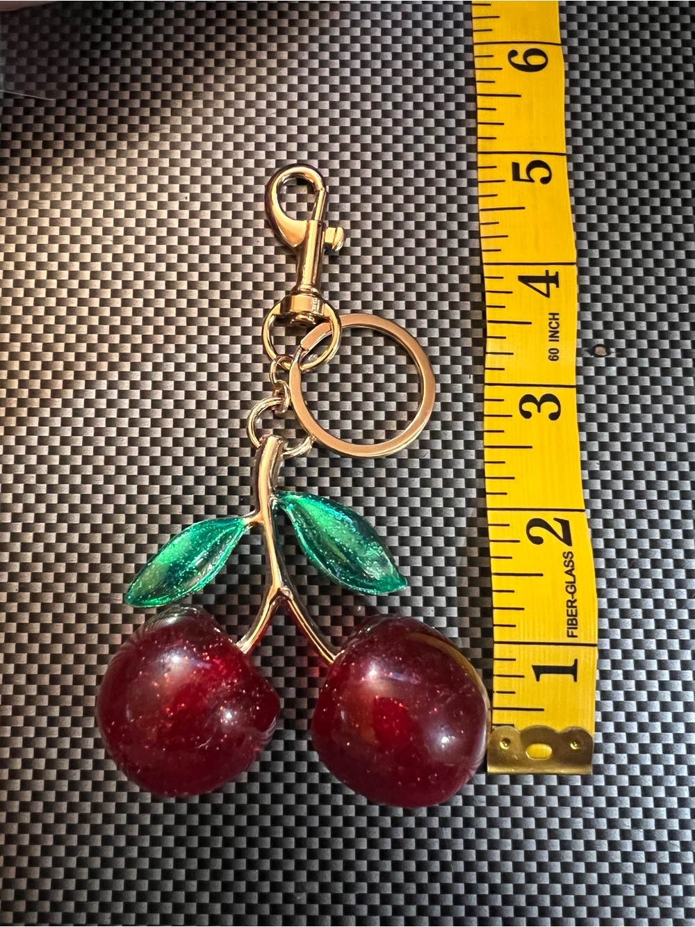 Gold Cherry Keychain with Red Enamel Cherries and Green Leaves